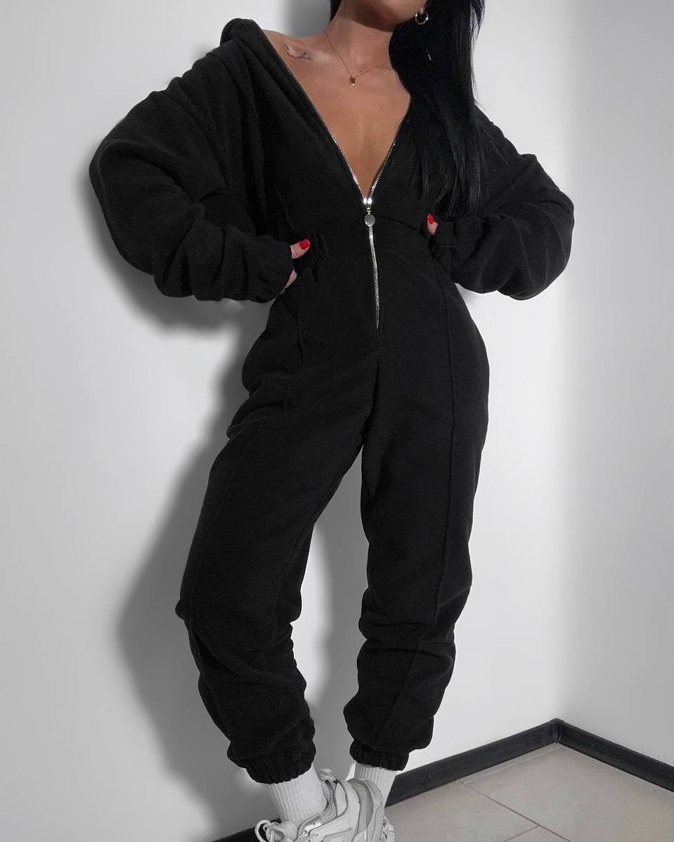 Damen Fleece-Overall mit Reißverschluss und Kapuze