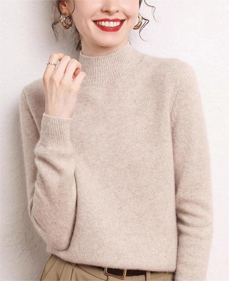 Damen Kaschmirpullover Stehkragen Schmale Ärmel Beige