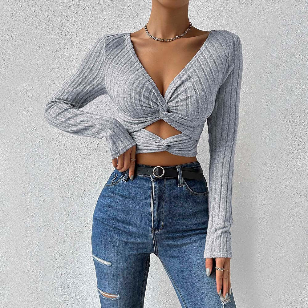 Damen Cropped Oberteil Langer Ärmel Twist-Design Norvielle