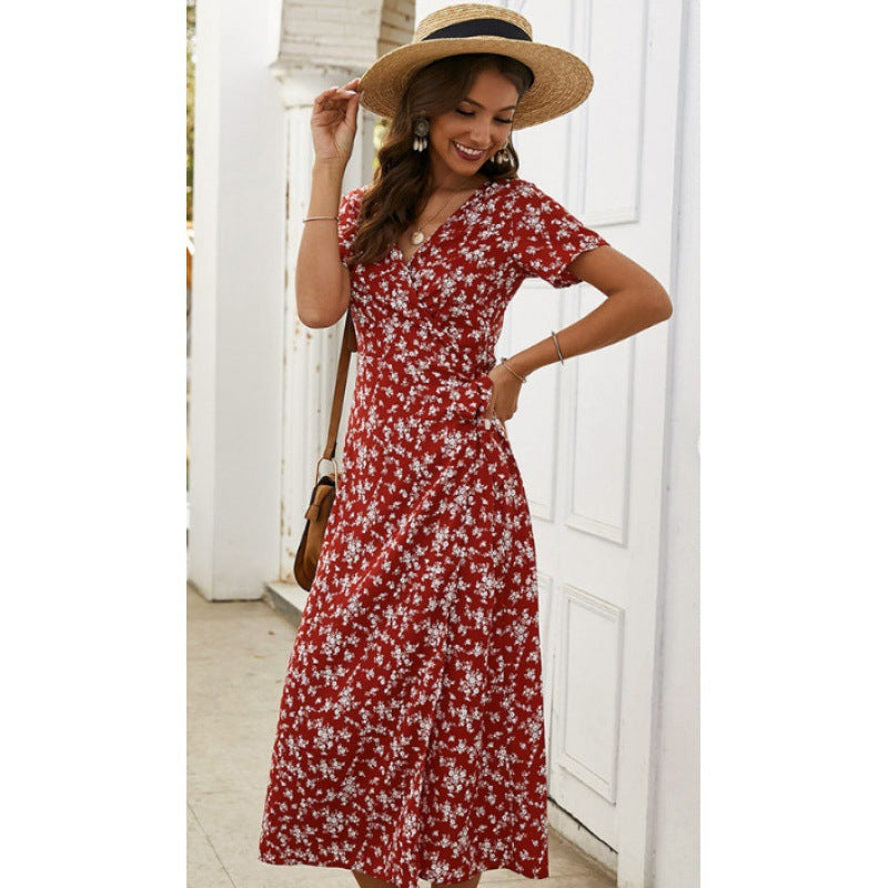 Damen Maxikleid Floralmuster Wickeldesign V-Ausschnitt