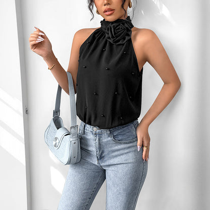 Damen Halterneck- Blumenapplikation Perlen Weiß