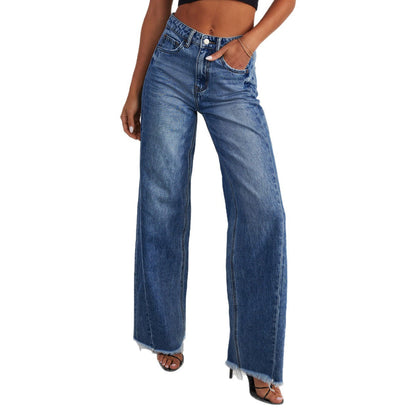 Damen Weite Denim-Jeans mit Fransen Saum