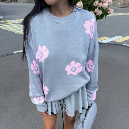 Damen Pullover Grobgestrickt Blumenmuster