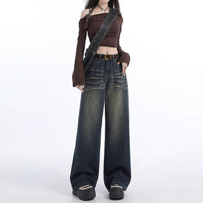 Damen Weite Jeans Hochbund Modische Waschung Schwarz - Norvielle