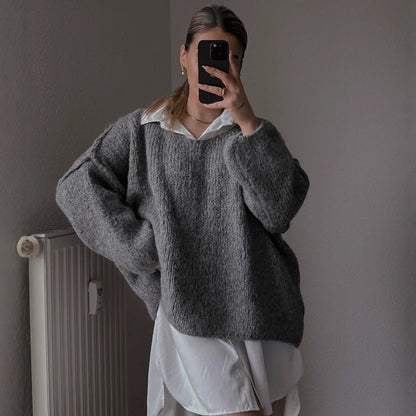 Damen Oversized Pullover Weich Voluminöse Ärmel Beige