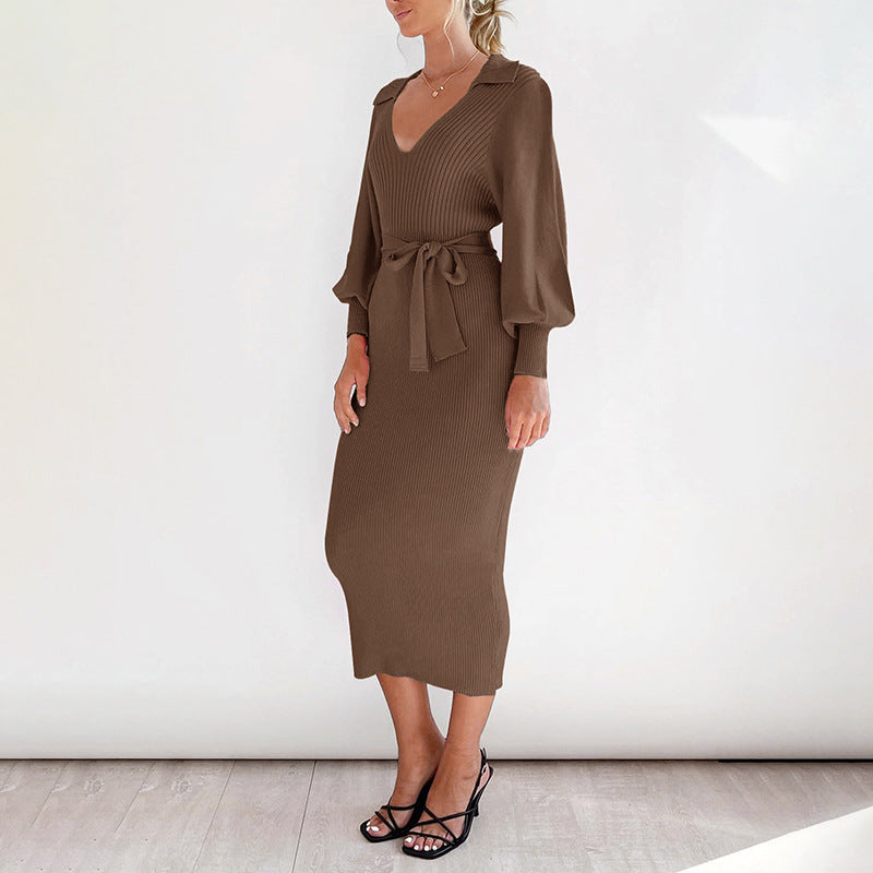 Damen Strickkleid V-Ausschnitt Elegantes Taillieren Norvielle