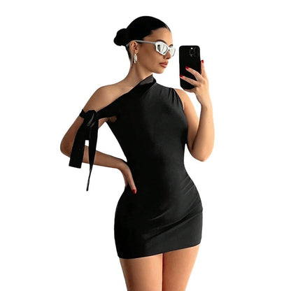 Damen Minikleid Asymmetrischer Ausschnitt Schleifendetail