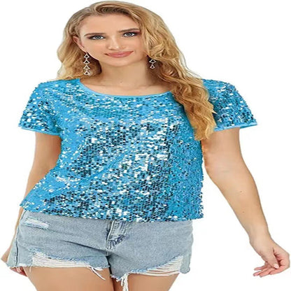 Damen Glitzerndes Pailletten T-Shirt Baumwolle Lässig