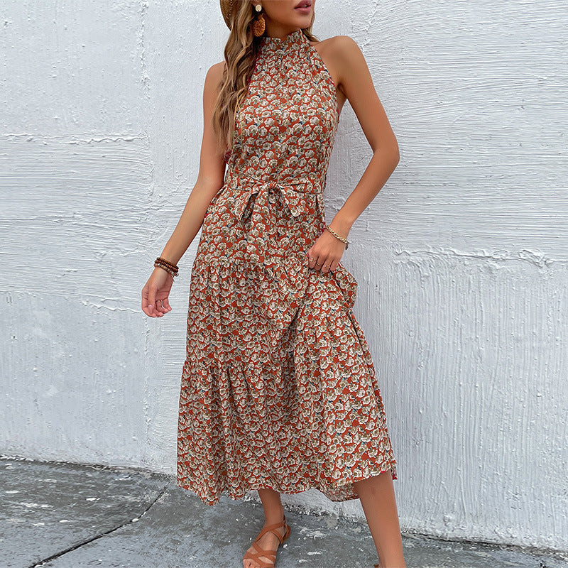 Damen Maxikleid Florale Rüschen Eleganter Taillengürtel