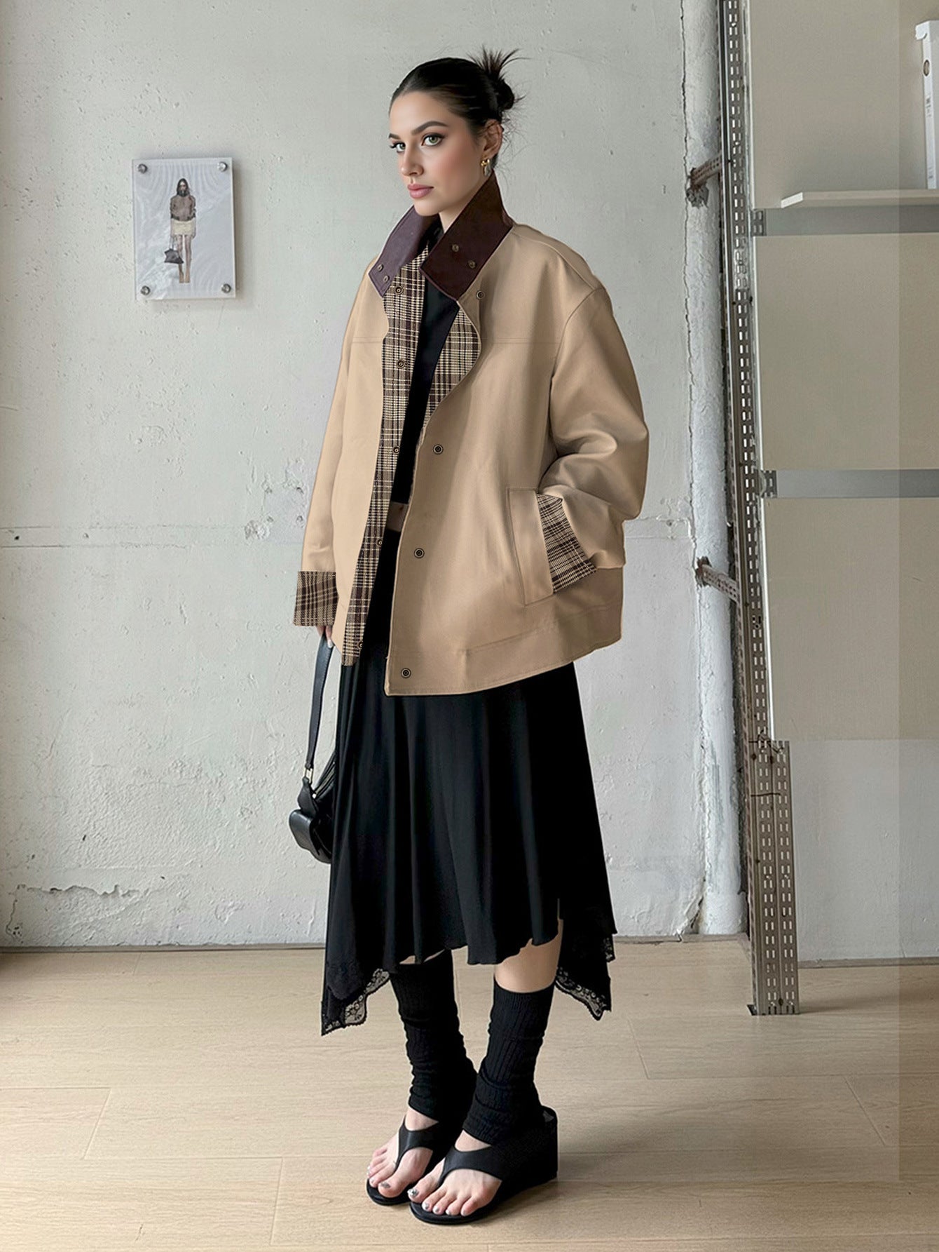 Damen Oversized Jacke Kariertes Innenfutter Hocher Kragen
