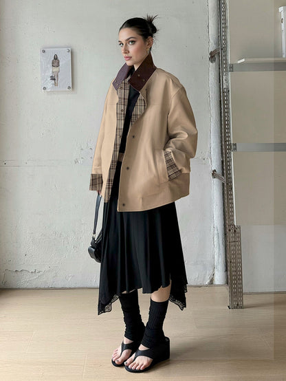 Damen Oversized Jacke Kariertes Innenfutter Hocher Kragen