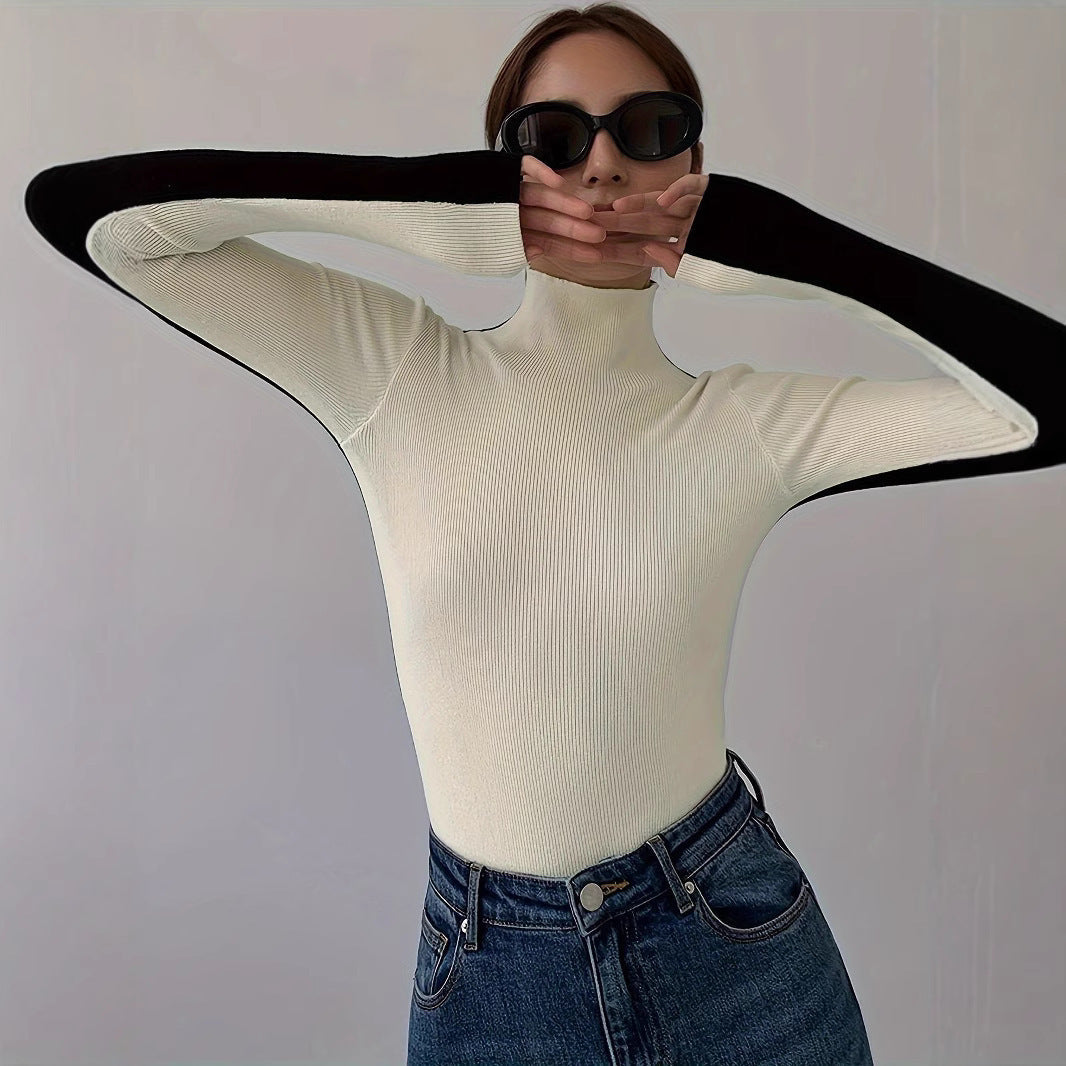 Damen Rollkragenpullover Kontrastärmel Norvielle