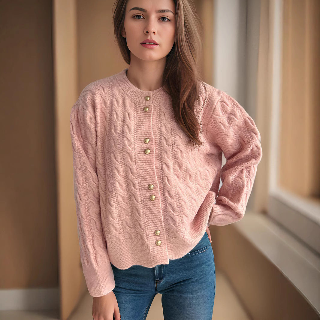 Damen Grobstrickjacke Kabelmuster Dekorative Knöpfe Norvielle