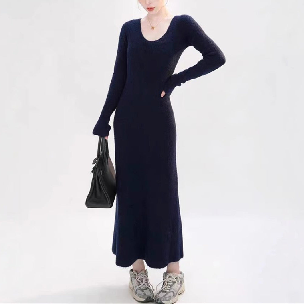 Damen Strickkleid V-Ausschnitt Länge Lang Ärmel Norvielle