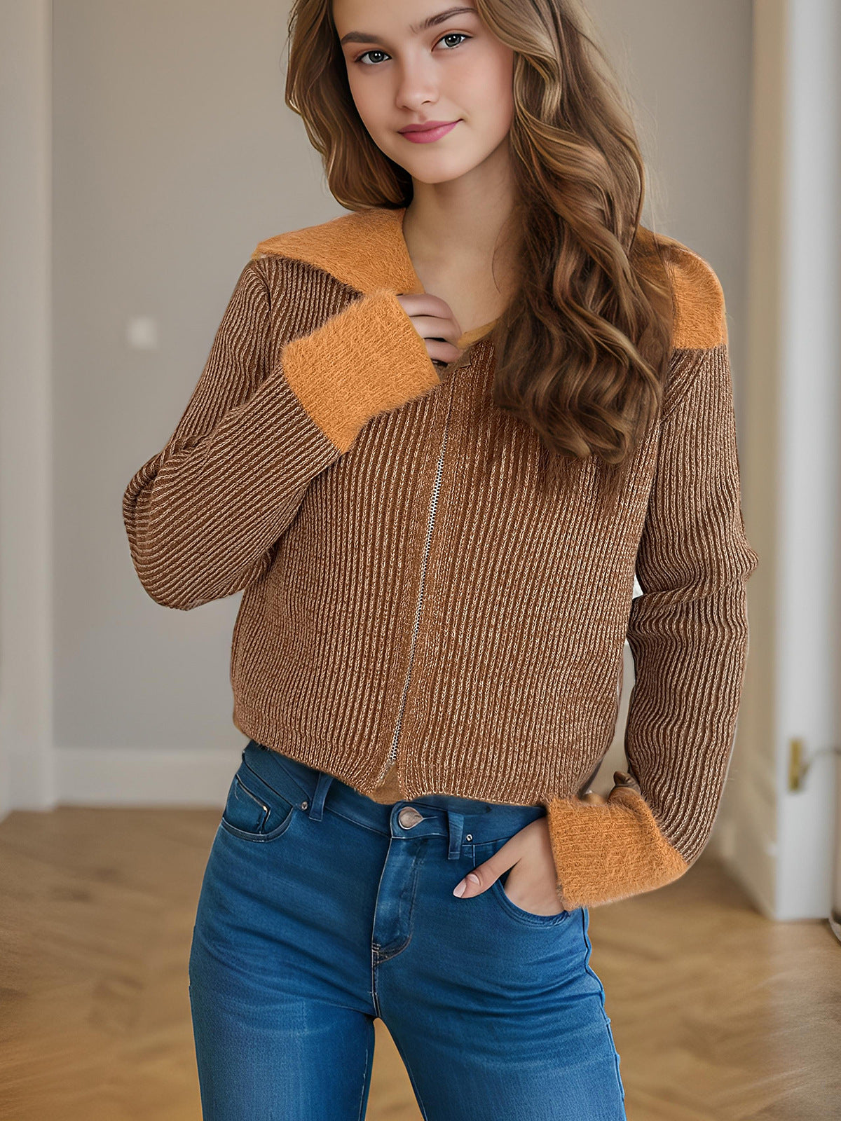 Damen Strickjacke mit Reißverschluss Norvielle Bequem Puffärmel