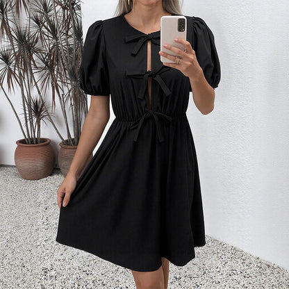Damen Mini-Kleid Woven Puffärmel Geflochtene Details Norvielle