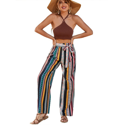 Damen Sommerhose Weit Leicht Auffälliges Muster Beige