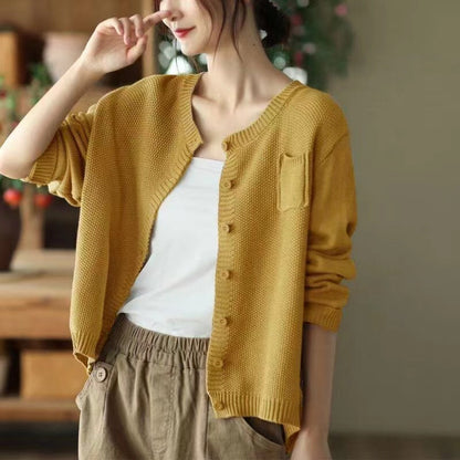 Damen Strickjacke Offene Front Dekorative Knöpfe Beige