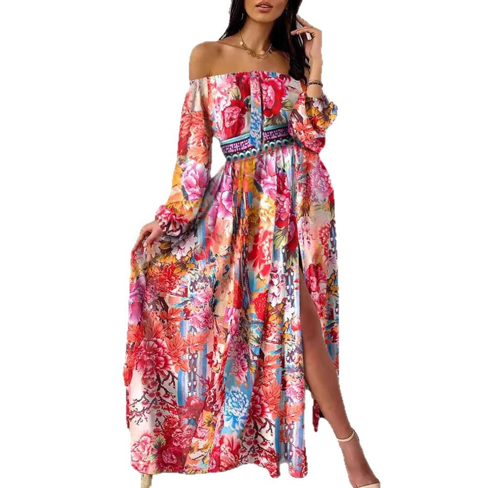 Damen Off-Shoulder Maxikleid Plissiert Hohes Schlitz