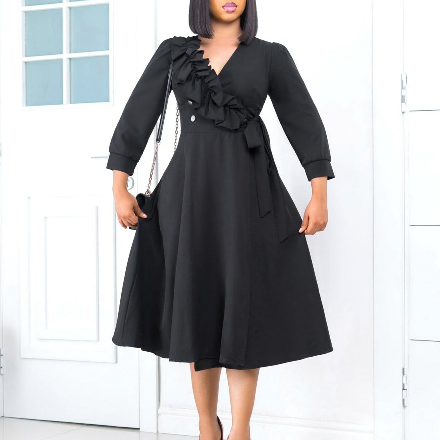 Damen Midikleid Rüschendetail Tailliert Norvielle