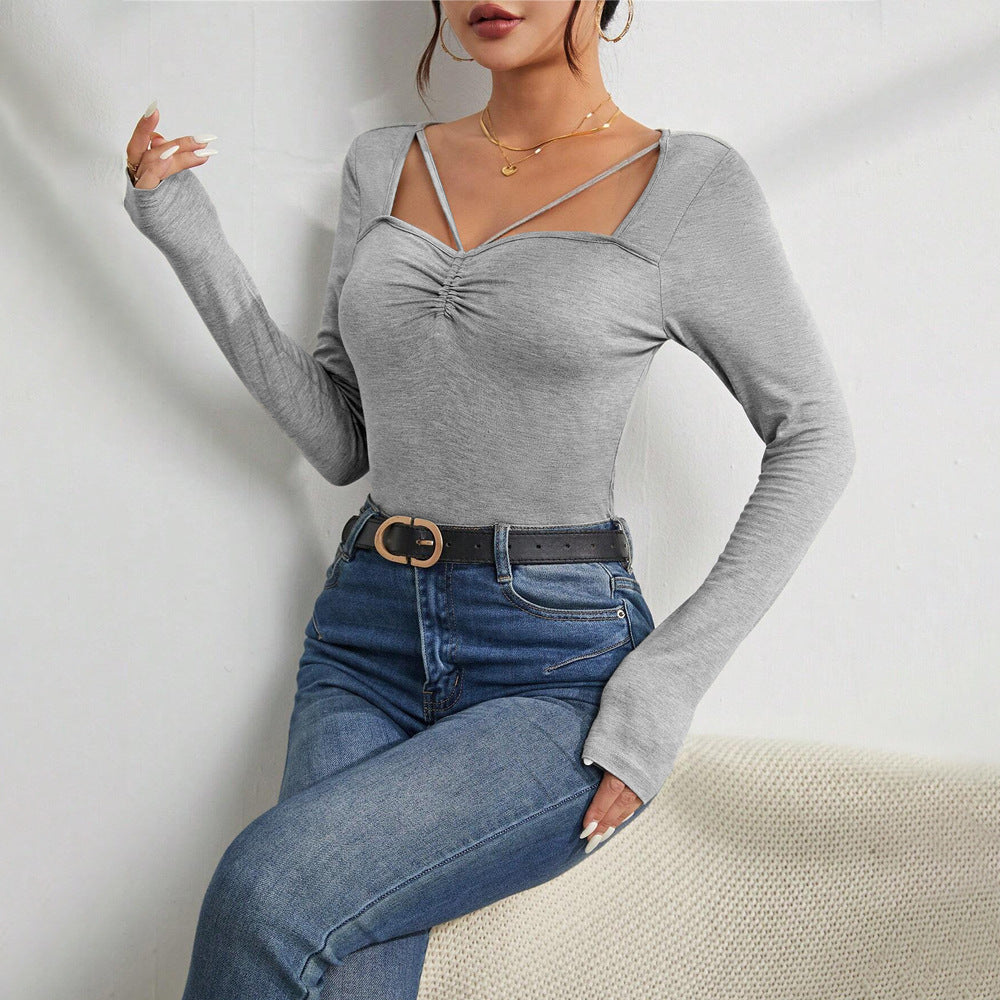 Damen Langarm-Bodysuit V-Ausschnitt Schulterdetails Norvielle