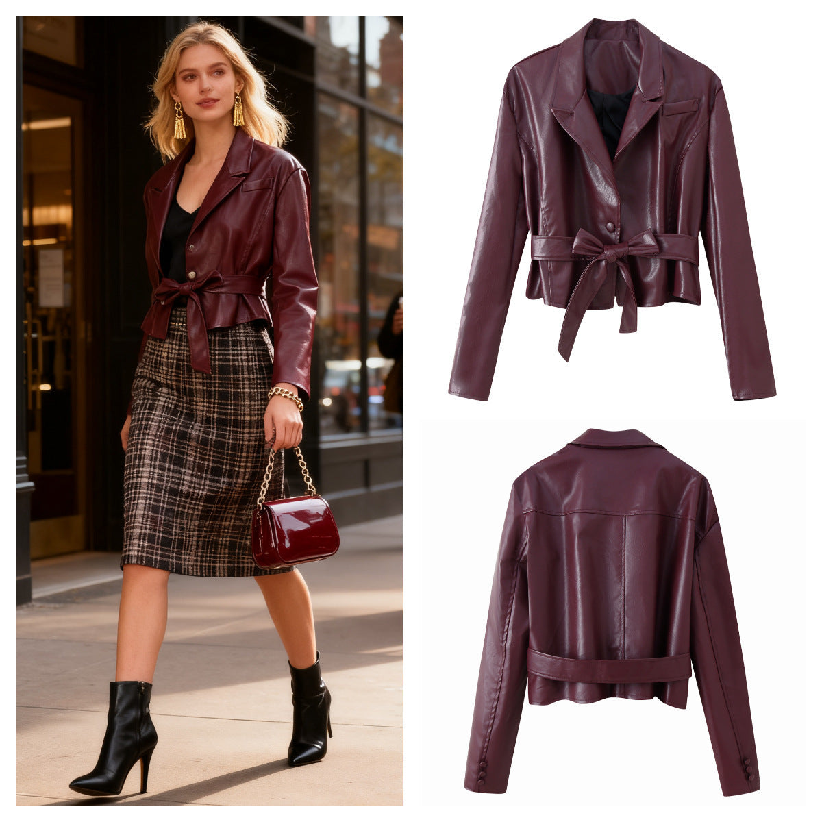 Damen Kunstleder Blazerjacke Tailliert Schwarz - Norvielle