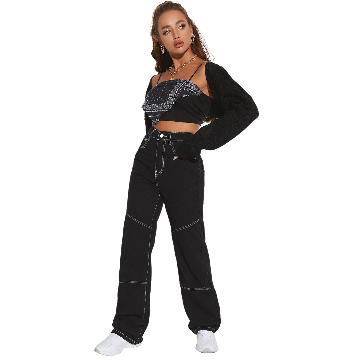 Damen High-Waist Jeans Breit Bein Kontrastnähte