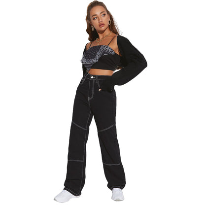 Damen High-Waist Jeans Breit Bein Kontrastnähte