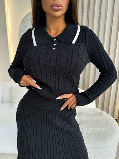 Damen Strickkleid Polo-Kragen Zopfmuster Norvielle
