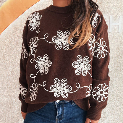 Damen Strickpullover Floralmuster Hoher Kragen Norvielle
