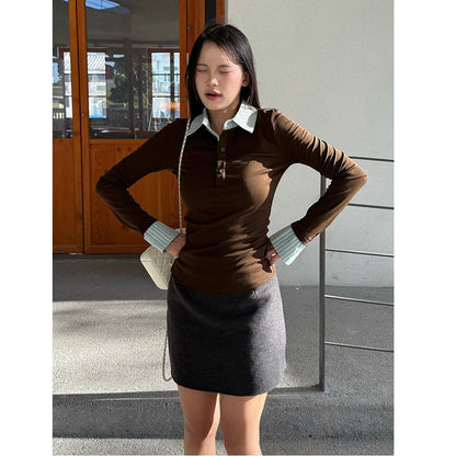 Damen Langarmshirt mit Kontrastkragen Norvielle