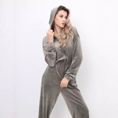Damen Velours-Jumpsuit mit Kapuze elastisch Norvielle
