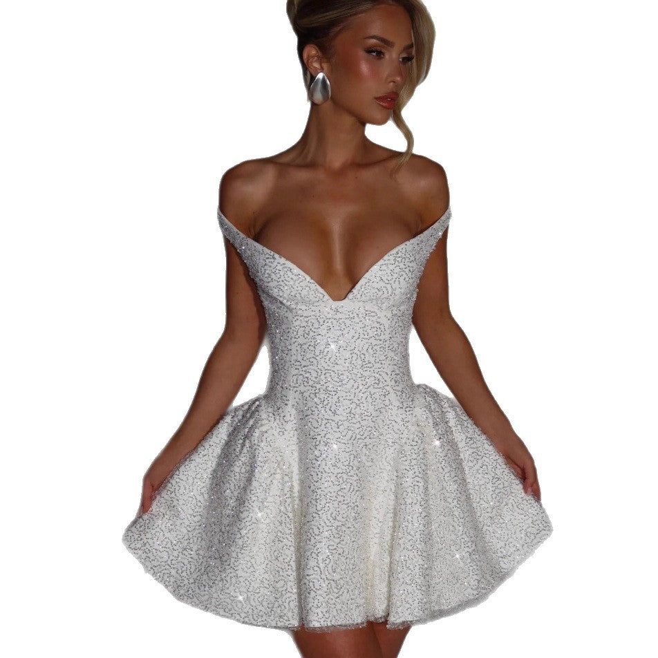 Damen Cocktailkleid Schulterfrei Paillettenbesatz Norvielle