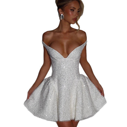 Damen Cocktailkleid Schulterfrei Paillettenbesatz Norvielle