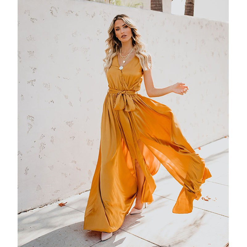 Damen Maxikleid Hohe Teilung Elegant Taillengürtel Norvielle