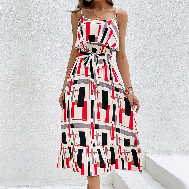 Damen Midi-Kleid Grafisches Design Taillengürtel