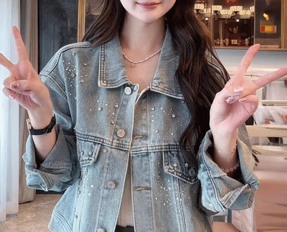 Damen Denimjacke Dekorative Perlen Norvielle
