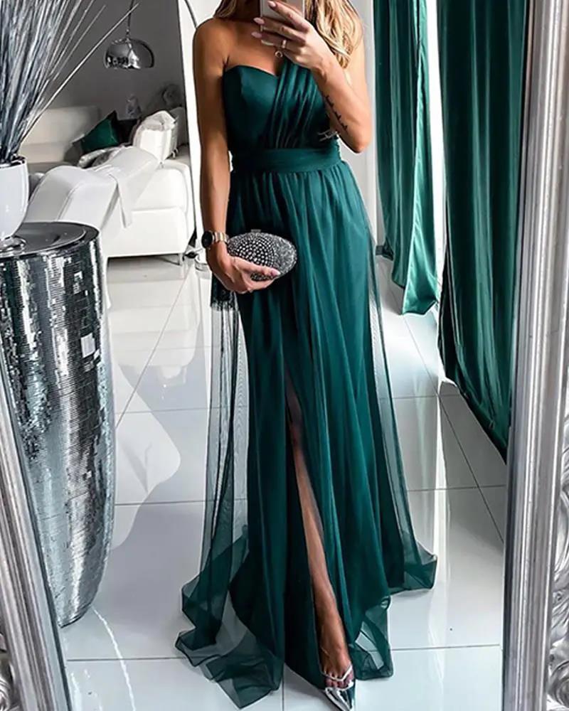 Damen Abendkleid Schulterfrei Hoch Beinschlitz Norvielle