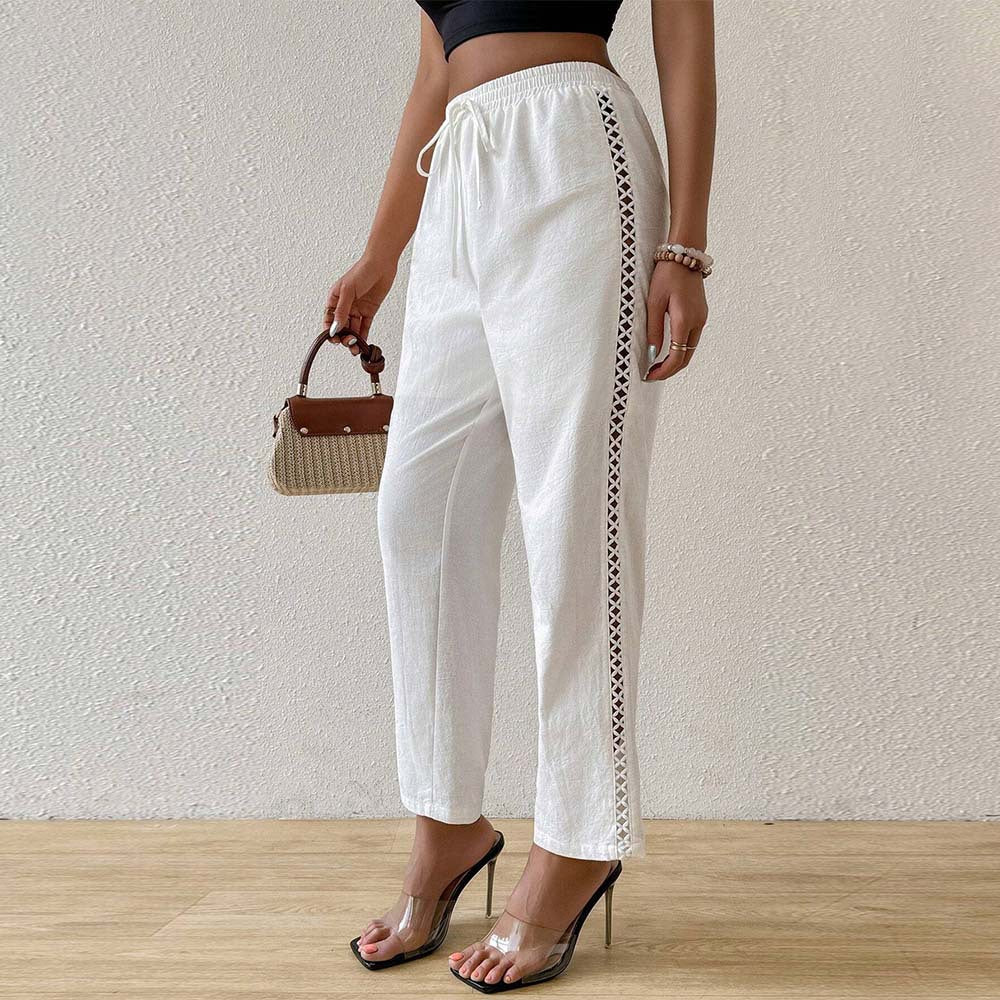 Damen Baumwollhose Breit mit Rüschendetails Beige