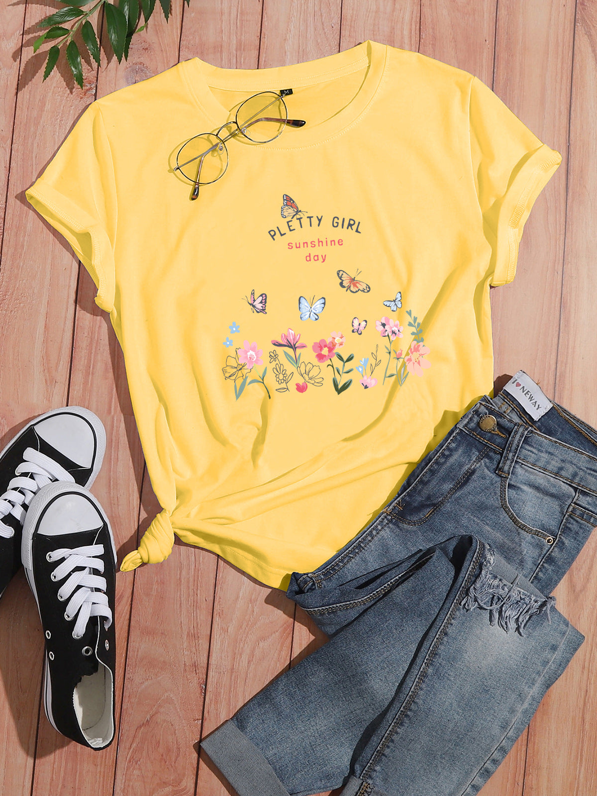 Damen T-Shirt Blumendruck Weiß