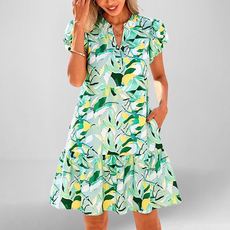 Damen Kurzarm Kleid Fließend Rüschensaum Norvielle