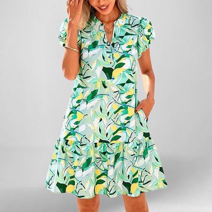 Damen Kurzarm Kleid Fließend Rüschensaum Norvielle