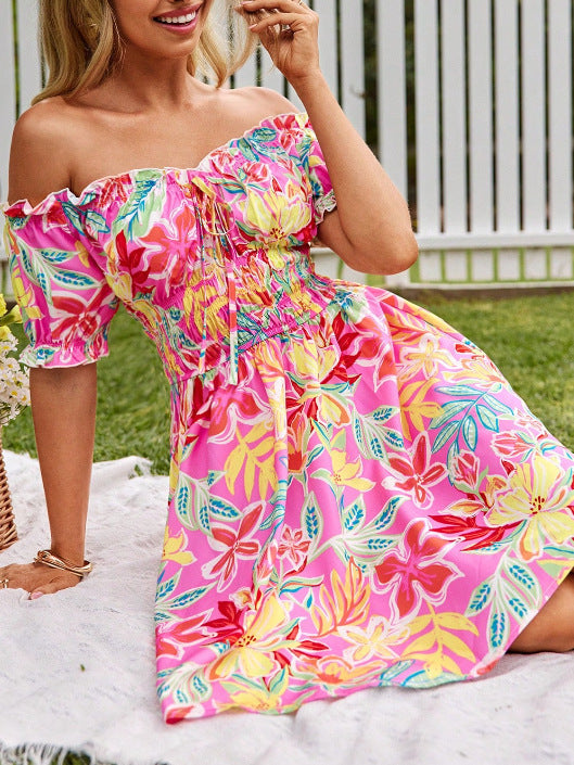 Damen Off-Shoulder Sommerkleid Florales Design Rüschen Norvielle