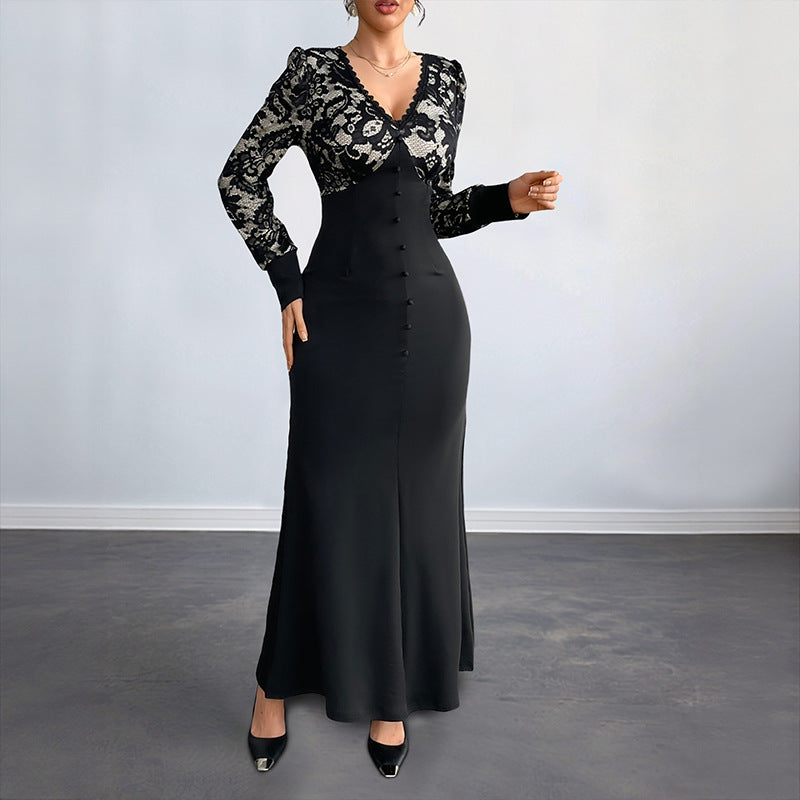 Damen Maxikleid Spitze Tailliert Norvielle
