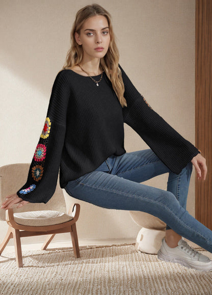Damen Strickpullover Bunt Häkelmotiv Weit Norvielle