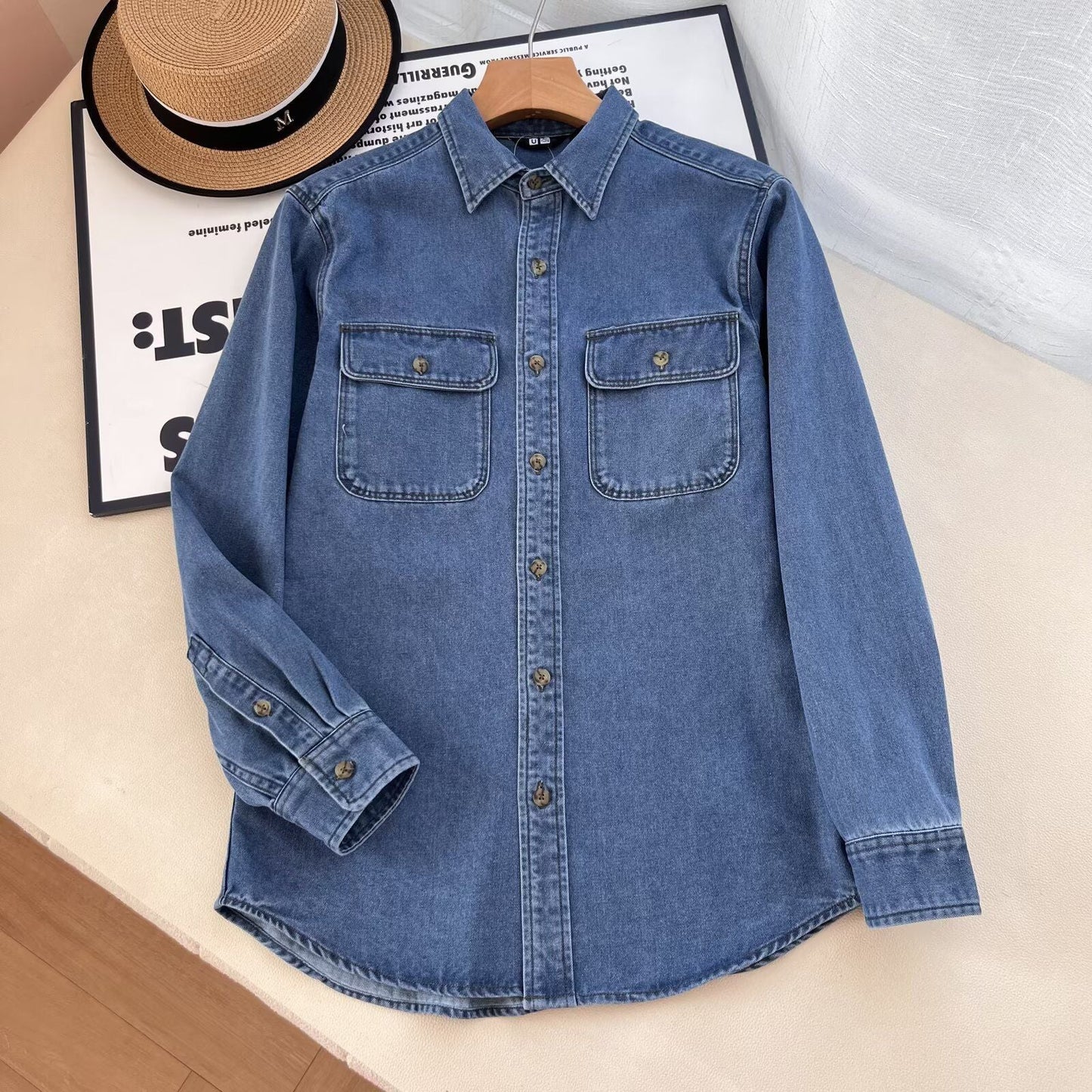 Damen Denim-Hemdbluse Lässig mit Brusttaschen