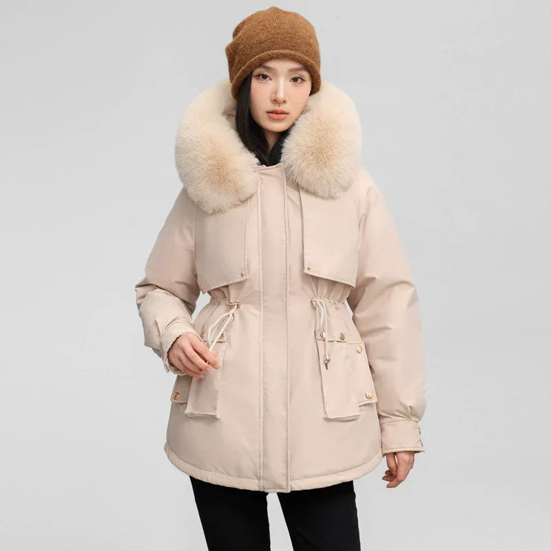 Damen Parka Mantel Verstellbare Taille Abnehmbarer Fellkragen - Norvielle