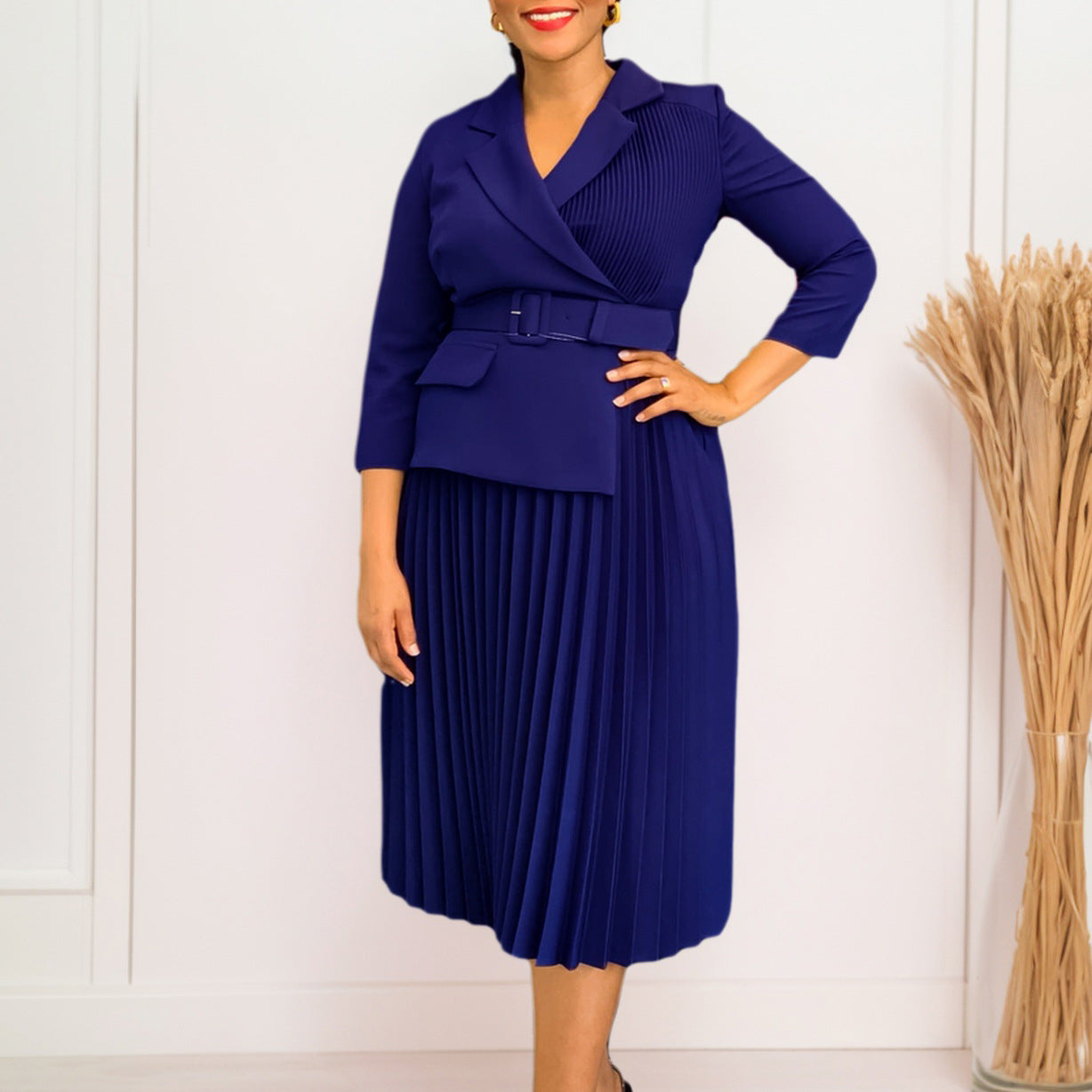 Damen Blazer-Kleid mit Taillengürtel und Plissee Optik