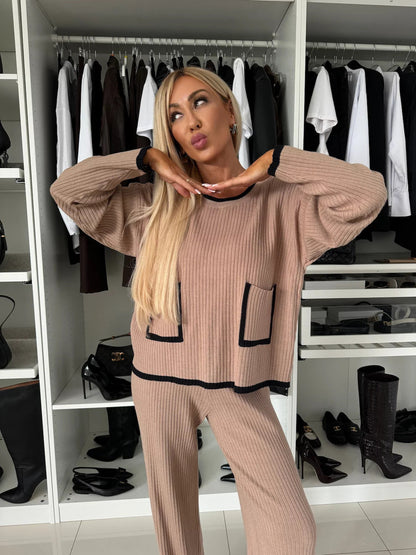 Damen Strick-Loungewear-Set mit Taschen Kontrast-Abschlüsse Beige