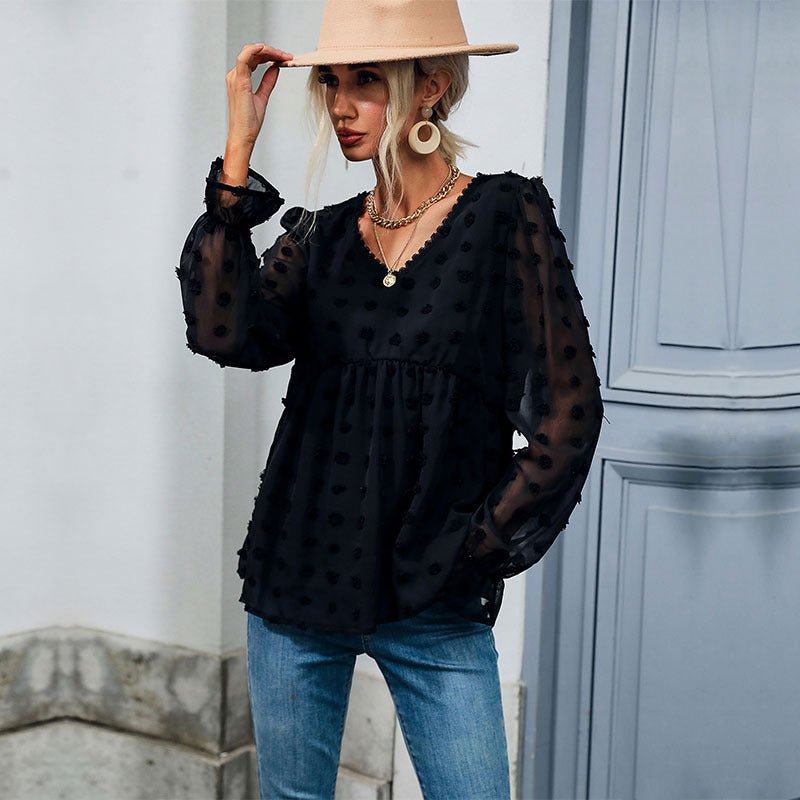 Damen Bluse Luftig Rüschendetails Punkte-Design